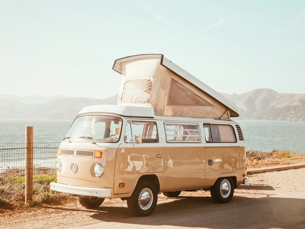 Camper van pitched in the open air