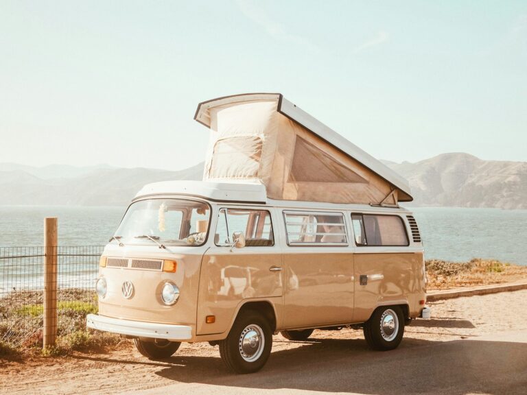 Camper van pitched in the open air